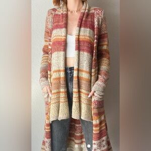 Free People Cream Orange Aztec Boho Long Duster Cardigan Sweater / XS